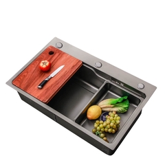 Chậu bếp 1 hố chống bám dính cao cấp CH01. Kèm thớt gỗ và rổ inox, phụ kiện thoát nước cao cấp