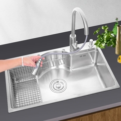 Chậu bếp 1 hố chống bám dính cao cấp CH03. Kèm thớt gỗ và rổ inox, phụ kiện thoát nước cao cấp