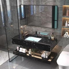 NT05 - Bàn đá 2 tầng đen vân mây kết hợp chậu sứ âm, vòi nóng lạnh và gương viền thép đen, kích thước 50x80cm.