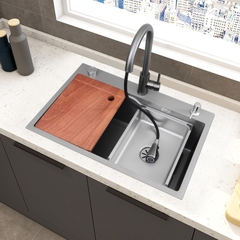 Chậu bếp 1 hố chống bám dính cao cấp CH01. Kèm thớt gỗ và rổ inox, phụ kiện thoát nước cao cấp