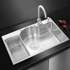 Chậu bếp 1 hố chống bám dính cao cấp CH03. Kèm thớt gỗ và rổ inox, phụ kiện thoát nước cao cấp