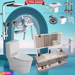 STAR03 - Combo phòng tắm cao cấp. Bồn cầu liền khối nắp UF chống xước, bàn đá 2 tầng nâu vân mây.
