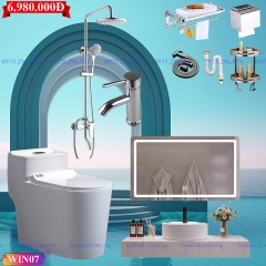 WIN07 - Combo trọn bộ phòng tắm, bồn cầu liền khối, bàn đá 1 tầng chậu nổi, sen cây tròn đồng mạ crom......