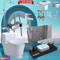WIN11 - Combo trọn bộ phòng tắm, bồn cầu liền khối,  bàn đá đen 1 tầng chậu sứ nồi, sen cây bàn phím...