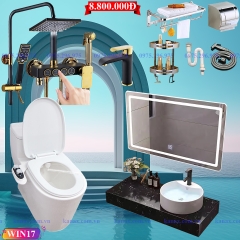 WIN17 - Combo trọn bộ phòng tắm, bồn cầu liền khối,  bàn đá 1 tầng chậu sứ nổi, sen cây đen vàng 3 nhấn......