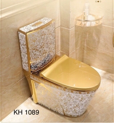 KH1089 - Bồn cầu liền khối sứ nung tráng men nano hoa văn trắng  vàng cao cấp