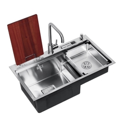 Chậu bếp 1 hố chống bám dính cao cấp CH6. Kèm thớt gỗ và rổ inox, phụ kiện thoát nước cao cấp