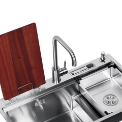 Chậu bếp 1 hố chống bám dính cao cấp CH6. Kèm thớt gỗ và rổ inox, phụ kiện thoát nước cao cấp