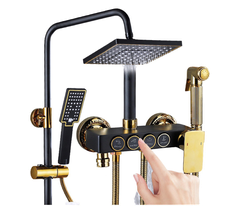 WIN17 - Combo trọn bộ phòng tắm, bồn cầu liền khối,  bàn đá 1 tầng chậu sứ nổi, sen cây đen vàng 3 nhấn......