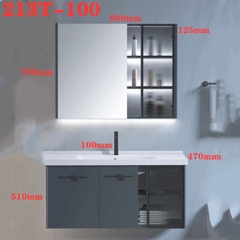213T - Tủ chậu nhựa PVC, mặt chậu sứ liền khối âm, tủ gương led cảm ứng