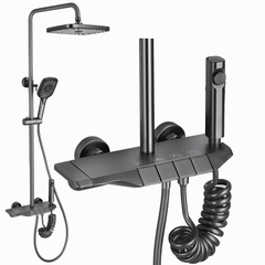 KANAX06 - Combo trọn bộ phòng tắm, bồn cầu liền khối,  bàn đá 2 tầng chậu sứ nổi, sen cây bàn phím ghi xám.........