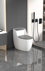 KA6012 - Bồn cầu trứng liền khối trắng nắp ghi xám, men nano chống bám dính, bộ xả cao cấp, nước xả mạnh và êm.