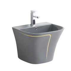 LUXURY28 - Combo phòng tắm cao cấp . Bồn cầu liền khối, chậu sứ treo màu ghi xám viền vàng