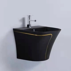 LUXURY29 - Combo phòng tắm cao cấp . Bồn cầu liền khối, chậu sứ treo màu đen viền vàng