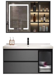 KANAX36 - Combo phòng tắm ghi xám, bồn cầu ghi viền vàng, tủ chậu nhựa, sen cây bàn phím...