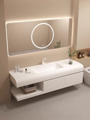TC196 - Tủ chậu phòng tắm, đá thạch anh liền khối bo cạnh, gương led cảm biến cao cấp