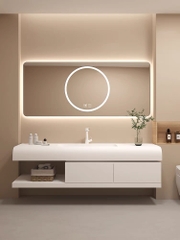 TC196 - Tủ chậu phòng tắm, đá thạch anh liền khối bo cạnh, gương led cảm biến cao cấp