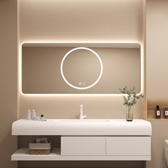 TC196 - Tủ chậu phòng tắm, đá thạch anh liền khối bo cạnh, gương led cảm biến cao cấp