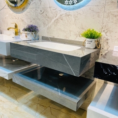 BD1022 - Bàn đá đôi chống xước, bề mặt bóng kết hợp chậu liền mép(Chưa bao gồm vòi và gương)