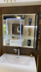 TC101 - Tủ chậu phòng tắm, đá thạch anh liền khối bo cạnh, gương led cảm biến cao cấp