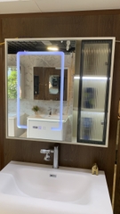 TC101 - Tủ chậu phòng tắm, đá thạch anh liền khối bo cạnh, gương led cảm biến cao cấp