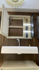 TC101 - Tủ chậu phòng tắm, đá thạch anh liền khối bo cạnh, gương led cảm biến cao cấp
