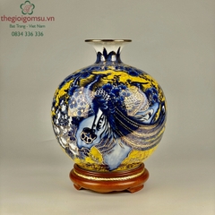 Bình Hút Tài Lộc chim trĩ hoa đào, hoa sen nền hoa vàng vẽ vàng