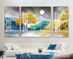 Bộ 3 tranh treo tường cây kim tiền và hươu tài lộc - P54575