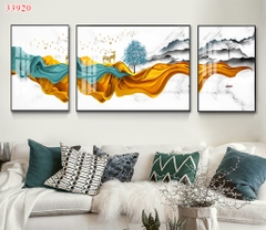 Bộ 3 tranh treo tường cây kim tiền và hươu tài lộc - P33920
