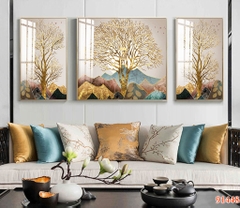 Bộ 3 tranh treo tường cây kim tiền và hươu tài lộc - P91448