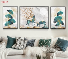 Bộ 3 tranh treo tường cây kim tiền và hươu tài lộc - P94632