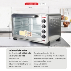 Lò nướng điện  Gali GL-1170 Điện áp 220V/50Hz công suất 2000W dung tích 70L sản phẩm chính hãng Chất lượng hàng hóa nhập khẩu (Tem hợp quy CR)