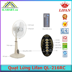 QUẠT LỬNG REMOTE LIFAN QL-216RC quạt lỡ thấp êm mát dùng phòng khách, phòng ngủ, bảo hành 1 năm