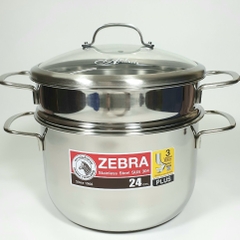 BỘ NỒI XỬNG HÁP ZEBRA INOX 304-Thái Lan 24cm-6.2L- 3 đáy-163640, NẮP KÍNH - TẦNG HẤP CAO 10CM