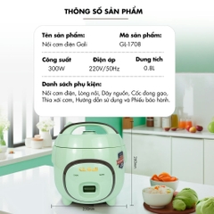 Nồi cơm điện GL-1708 Điện áp 220V/50Hz  Công suất : 300w  Dung tích: 0.8 lít sản phẩm chính hãng chất lượng hàng hóa nhập khẩu (Tem hợp quy CR và Năng lượng)