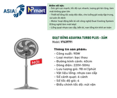 QUẠT ĐỨNG ASIA TURBO PLUS VY639791 XÁM - 90W - hoạt động êm công suất mạnh