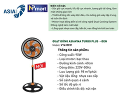 QUẠT ĐỨNG ASIA TURBO PLUS VY639791 XÁM - 90W - hoạt động êm công suất mạnh