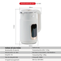 Ấm nấu nước gali GL-18A4 công suất 1500W,dung tích 1,8L  có tem hợp quy CR  chất lượng hàng hóa nhập khẩu
