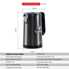 Ấm nấu nước siêu tốc gali GL-18A8 công suất 1500W ; dung tích1.8L Thân ấm 2 lớp, ruột Inox 304 cao cấp Chất lượng hàng hóa nhập khẩu (Tem hợp quy CR)