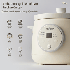 Nồi nấu chậm 1.5L Bear SB-NNC15 - Công suất: 120W - Điện áp: 220V ~ 50Hz - Dung tích 1,5L - Nấu trực tiếp, nắp thuỷ tinh - Màu sắc: Kem
