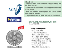 QUẠT SÀN ASIA TURBO PLUS VY636891 - 90W - hoạt động êm mát xa công suất mạnh