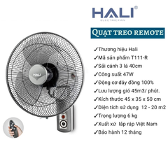 Quạt treo tường REMOTE HALI T111-R hoạt động êm sử dụng phòng ngủ phòng khách