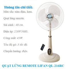 QUẠT LỬNG REMOTE LIFAN QL-216RC quạt lỡ thấp êm mát dùng phòng khách, phòng ngủ, bảo hành 1 năm