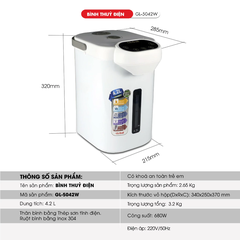 Bình thủy điện Gali GL-5042W 4.2 lít công suất 680W Chất lượng hàng hóa nhập khẩu (Tem hợp quy CR)