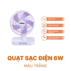 Quạt sạc 6inch, màu trắng, có xoay, đèn NRF6219W ( màu trắng)