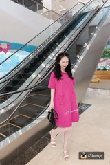 BÁN SỈ VÁY SUÔNG XỐP HỒNG CỔ TRÒN 2 TÚI