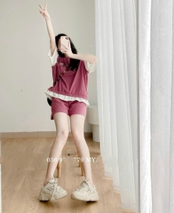 BỘ ĐÙI NỮ COTTON CÁ SẤU PHỐI TAY TRẮNG BÈO
