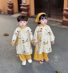 (Đặt trước) B - SET ÁO DÀI BÉ TRẮNG QUẦN VÀNG HÌNH CẬU BÉ