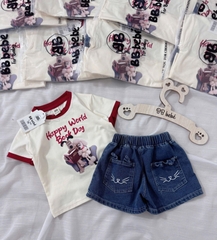 - BỘ BÉ GÁI ÁO BE CHÓ Happy CỔ VIỀN QUẦN BÒ