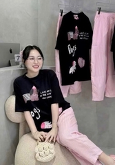 SÉT ÁO PULL CỘC ĐEN TRẮNG HÌNH CÚN QUẦN KẺ HỒNG